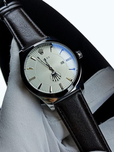 Rolex (silver case, black vesel, white dial, brown belt)_img_0