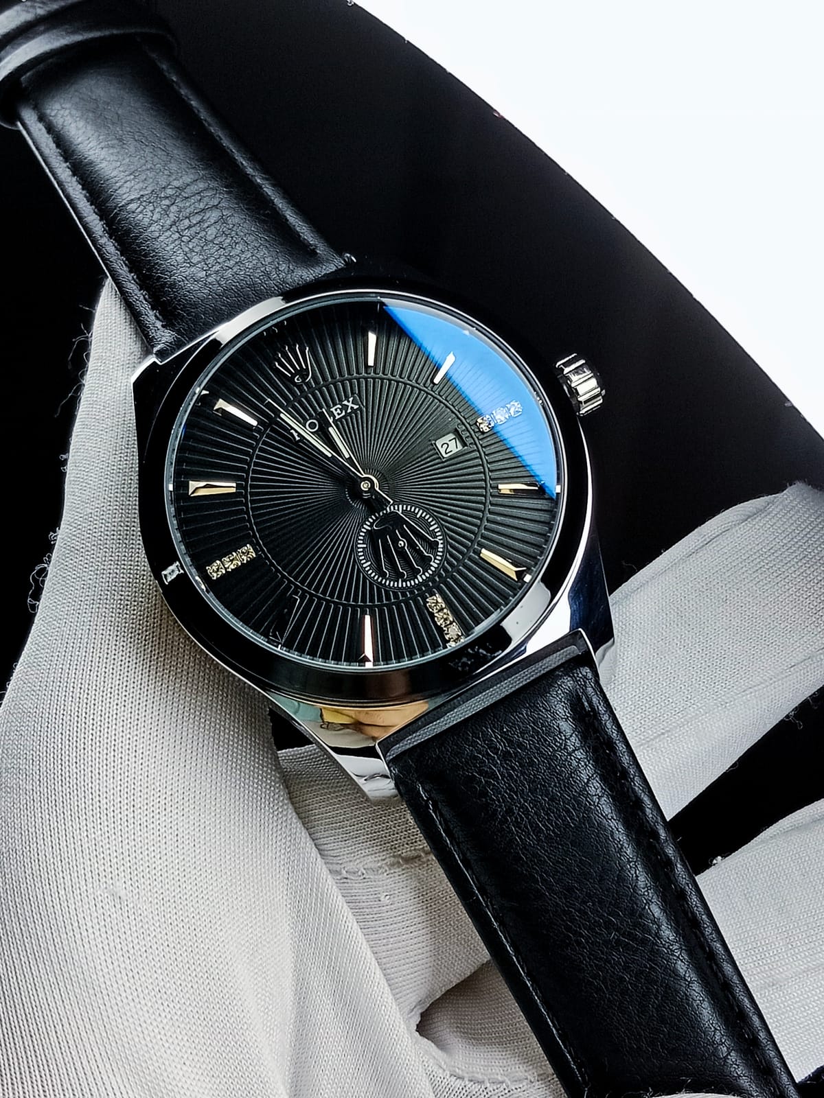 Rolex (silver case, black vesel, black dial, black belt)