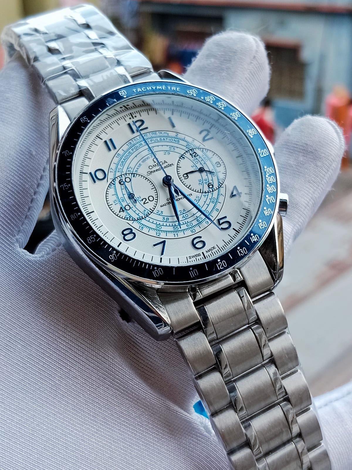 Omega silver blue white