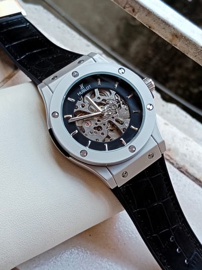 Hublot automatic silver black new dial fiber silicone strap with leather texture_img_0