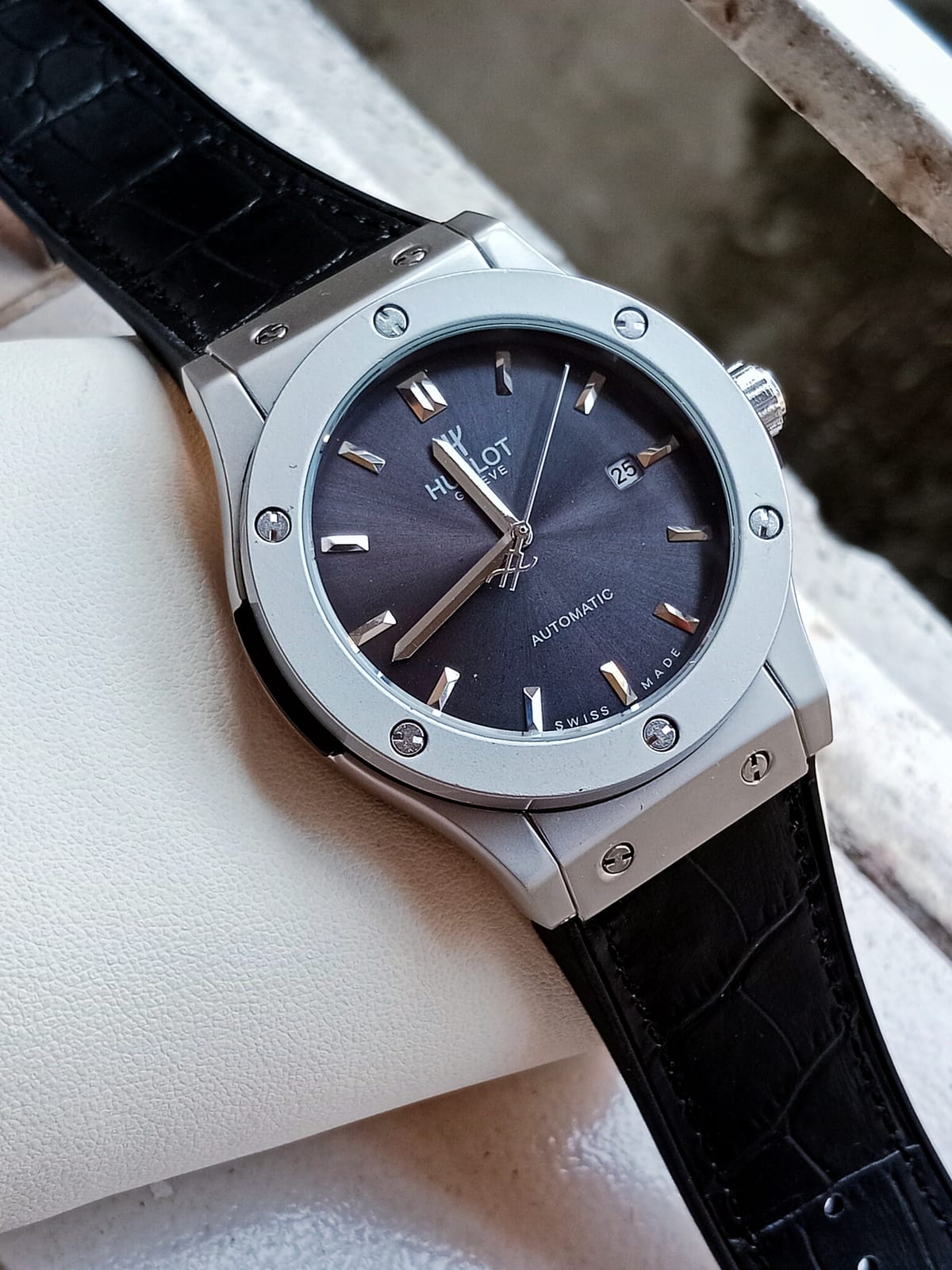 Hublot automatic Classic fusion silver black fiber silicone with leather texture strap