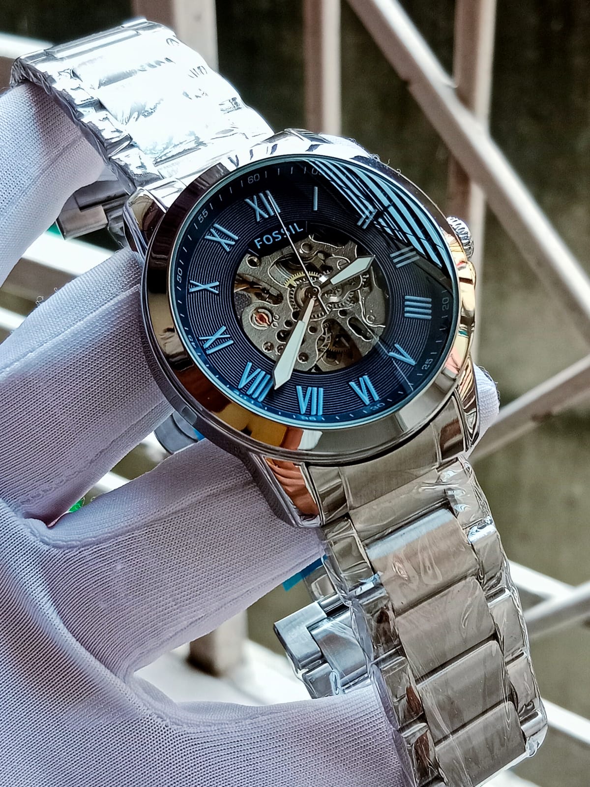 Fossil Automatic Roman numbers silver blue