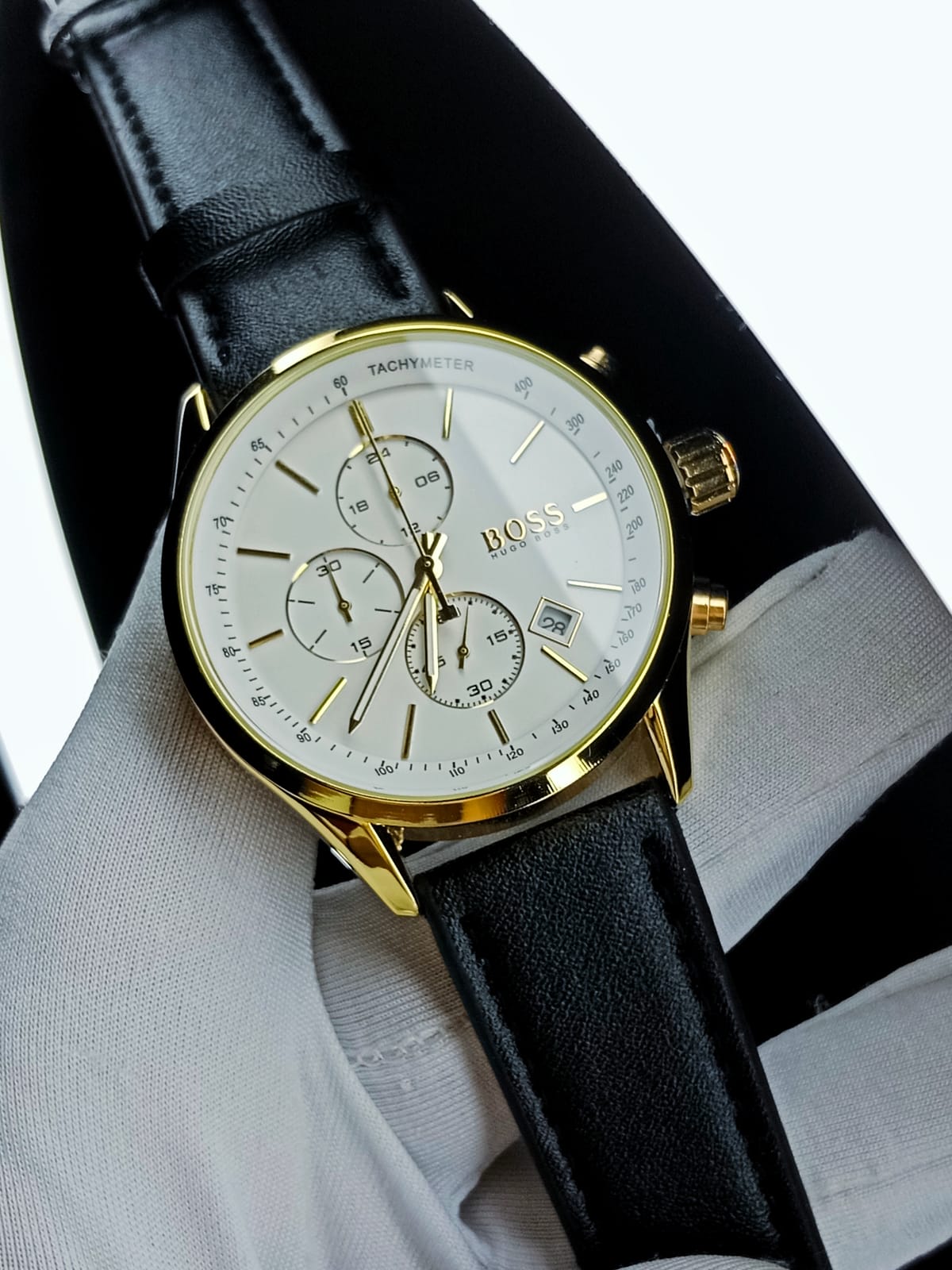 Boss (white dial golden case black belt)